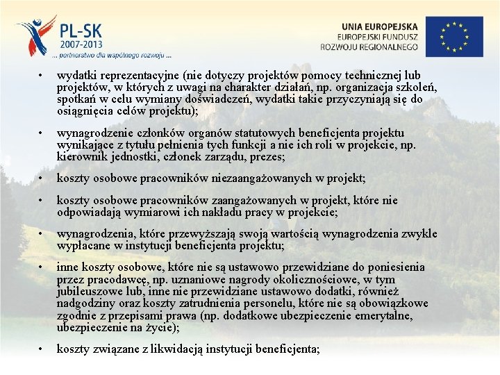  • wydatki reprezentacyjne (nie dotyczy projektów pomocy technicznej lub projektów, w których z