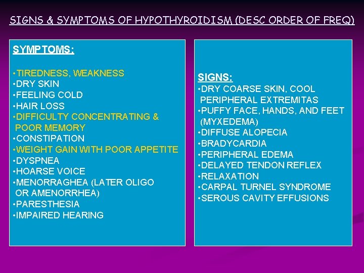 SIGNS & SYMPTOMS OF HYPOTHYROIDISM (DESC ORDER OF FREQ) SYMPTOMS: • TIREDNESS, WEAKNESS •