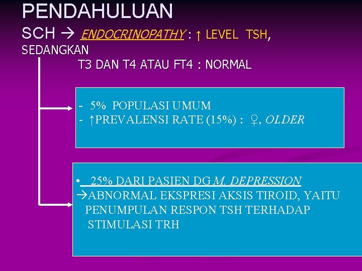 PENDAHULUAN SCH ENDOCRINOPATHY : ↑ LEVEL TSH, SEDANGKAN T 3 DAN T 4 ATAU