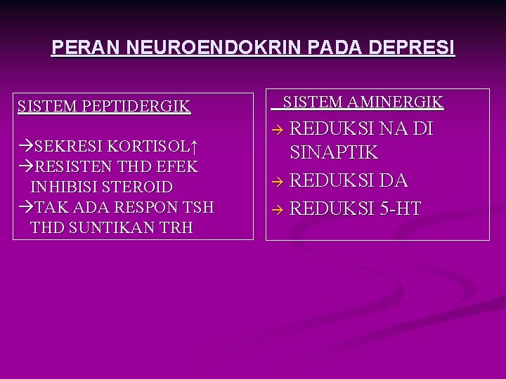PERAN NEUROENDOKRIN PADA DEPRESI SISTEM PEPTIDERGIK SEKRESI KORTISOL↑ RESISTEN THD EFEK INHIBISI STEROID TAK