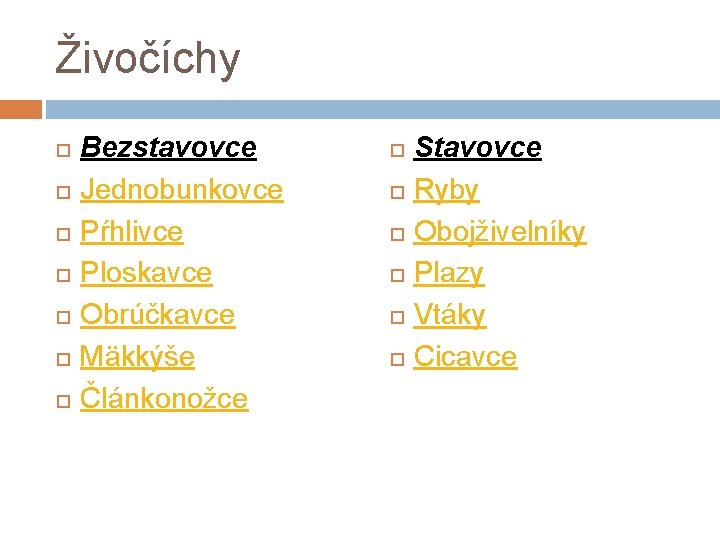 Živočíchy Bezstavovce Jednobunkovce Pŕhlivce Ploskavce Obrúčkavce Mäkkýše Článkonožce Stavovce Ryby Obojživelníky Plazy Vtáky Cicavce