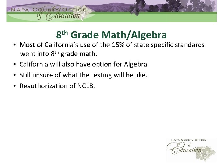 8 th Grade Math/Algebra • Most of California’s use of the 15% of state