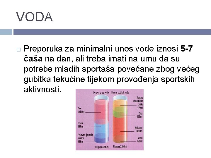 VODA Preporuka za minimalni unos vode iznosi 5 -7 čaša na dan, ali treba