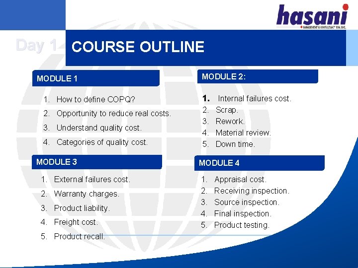 Day 1 COURSE OUTLINE MODULE 1: MODULE 2: 1. How to define COPQ? 1.