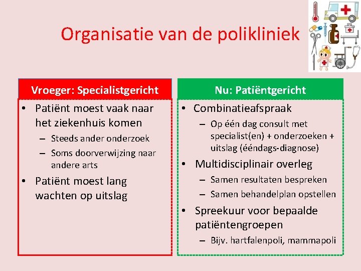 Organisatie van de polikliniek Vroeger: Specialistgericht • Patiënt moest vaak naar het ziekenhuis komen