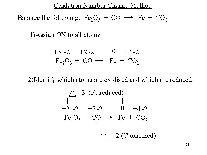 Oxidation Number Change Method Balance the following: Fe 2 O 3 + CO Fe