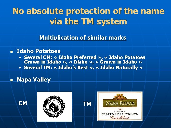 No absolute protection of the name via the TM system Multiplication of similar marks