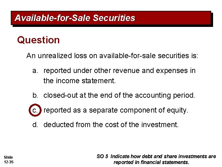 Available-for-Sale Securities Question An unrealized loss on available-for-sale securities is: a. reported under other