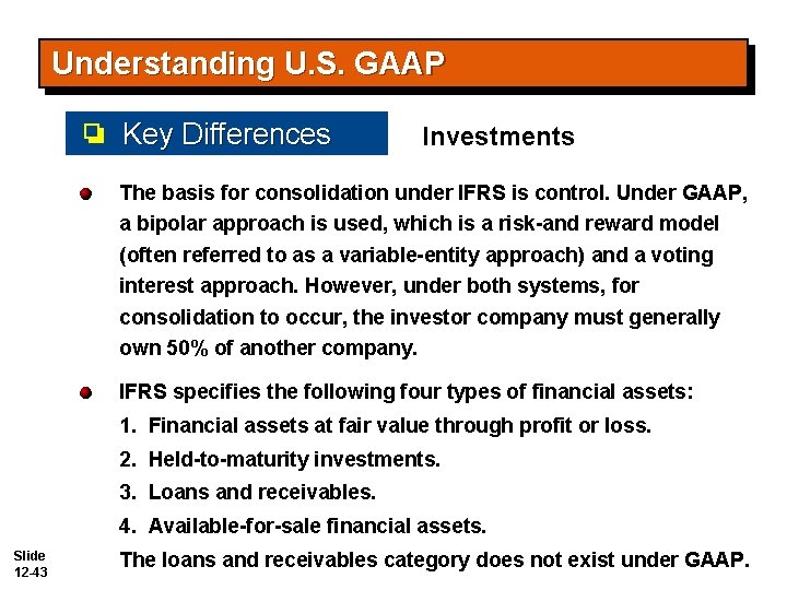 Understanding U. S. GAAP Key Differences Investments The basis for consolidation under IFRS is