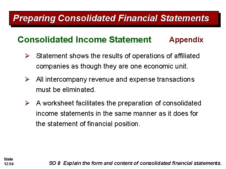 Preparing Consolidated Financial Statements Consolidated Income Statement Appendix Ø Statement shows the results of