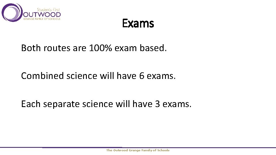 Exams Both routes are 100% exam based. Combined science will have 6 exams. Each