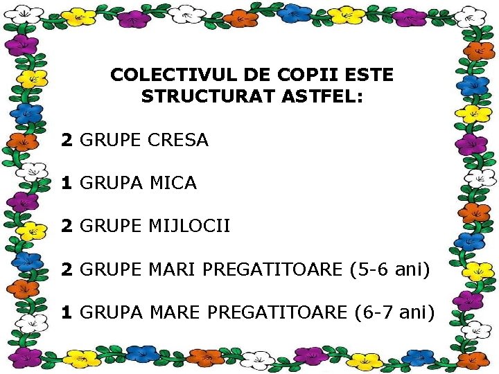 COLECTIVUL DE COPII ESTE STRUCTURAT ASTFEL: 2 GRUPE CRESA 1 GRUPA MICA 2 GRUPE