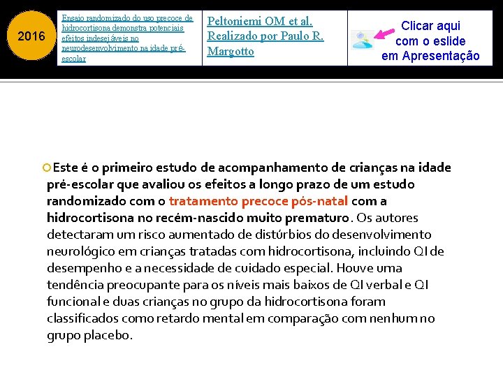 2016 Ensaio randomizado do uso precoce de hidrocortisona demonstra potenciais efeitos indesejáveis no neurodesenvolvimento