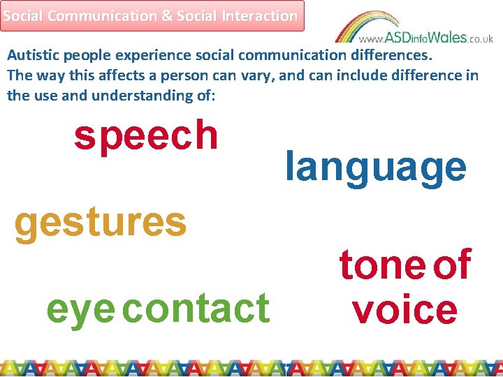 Social Communication & Social Interaction Autistic people experience social communication differences. The way this