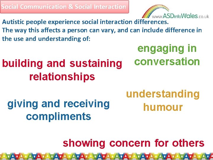 Social Communication & Social Interaction Autistic people experience social interaction differences. The way this