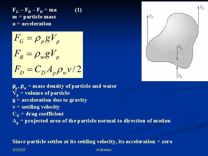 FG – FB – FD = ma m = particle mass a = acceleration