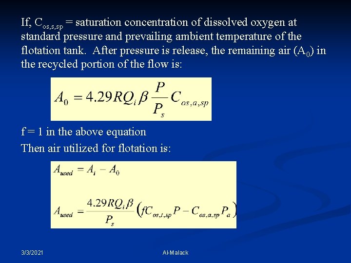 If, Cos, s, sp = saturation concentration of dissolved oxygen at standard pressure and