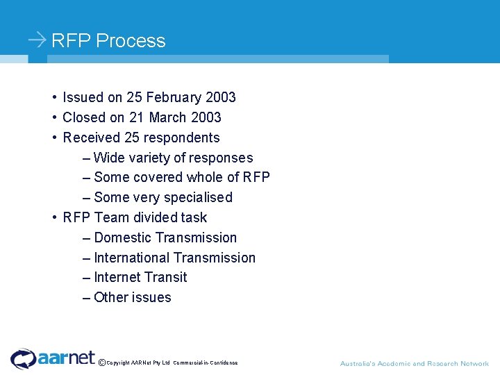 RFP Process • Issued on 25 February 2003 • Closed on 21 March 2003