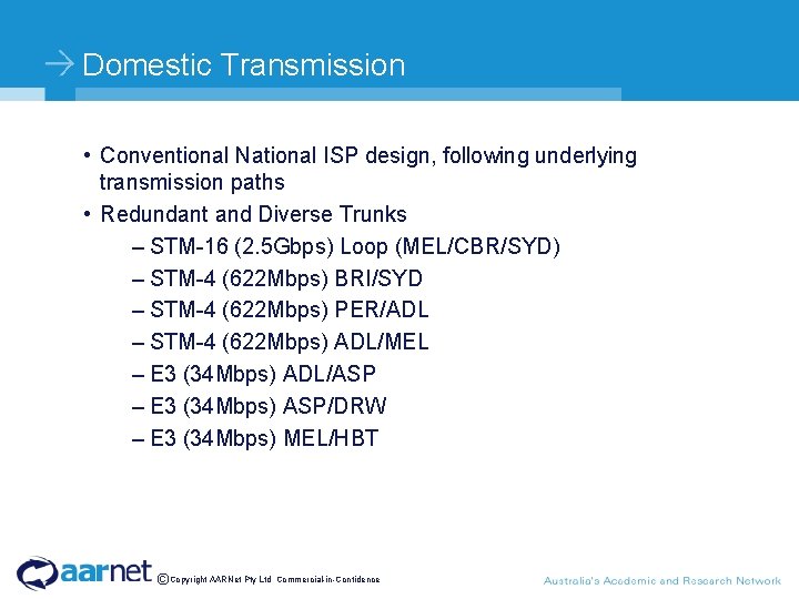 Domestic Transmission • Conventional National ISP design, following underlying transmission paths • Redundant and