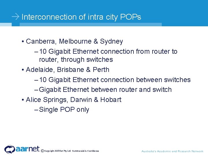 Interconnection of intra city POPs • Canberra, Melbourne & Sydney – 10 Gigabit Ethernet