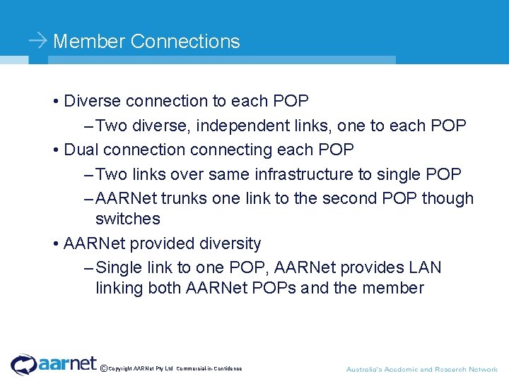 Member Connections • Diverse connection to each POP – Two diverse, independent links, one