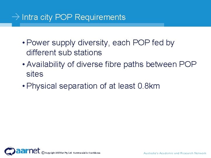 Intra city POP Requirements • Power supply diversity, each POP fed by different sub