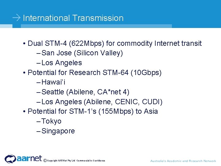 International Transmission • Dual STM-4 (622 Mbps) for commodity Internet transit – San Jose