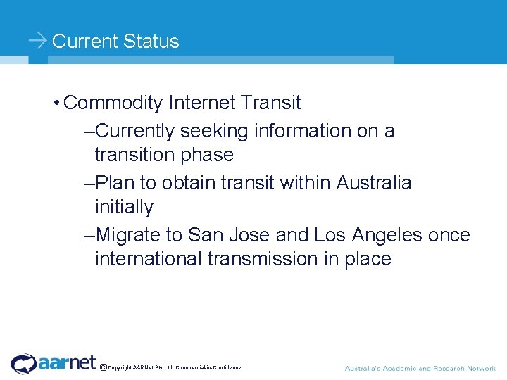 Current Status • Commodity Internet Transit –Currently seeking information on a transition phase –Plan