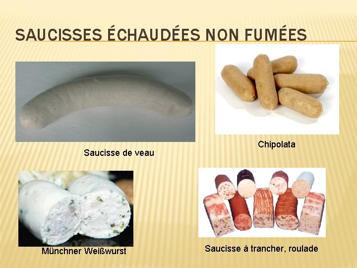 SAUCISSES ÉCHAUDÉES NON FUMÉES Saucisse de veau Münchner Weißwurst Chipolata Saucisse à trancher, roulade