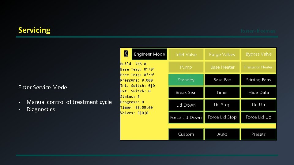 Servicing Enter Service Mode - Manual control of treatment cycle Diagnostics foster+freeman 