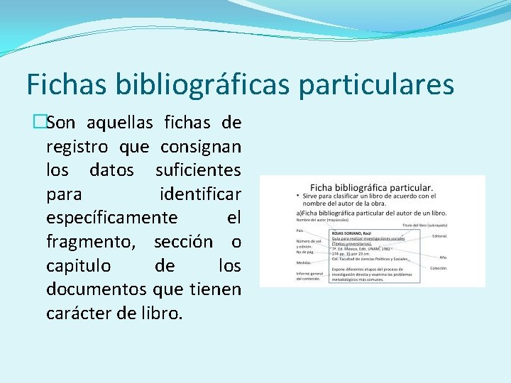 Fichas bibliográficas particulares �Son aquellas fichas de registro que consignan los datos suficientes para