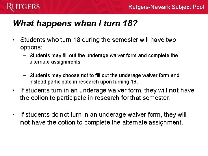 Rutgers-Newark Subject Pool What happens when I turn 18? • Students who turn 18