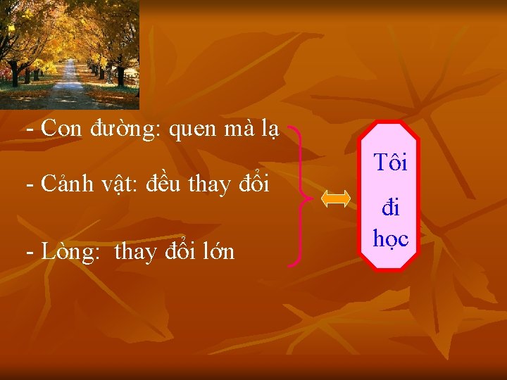 - Con đường: quen mà lạ - Cảnh vật: đều thay đổi - Lòng: