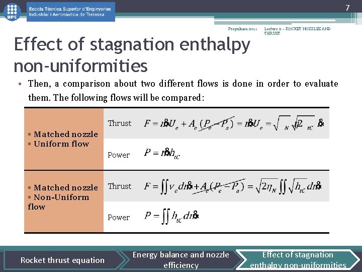 7 Propulsion 2011 Effect of stagnation enthalpy non-uniformities Lecture 2 – ROCKET NOZZLES AND