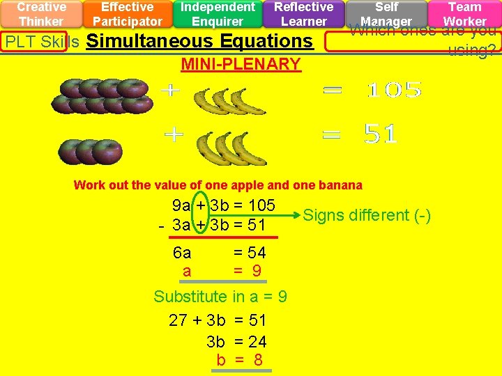 Creative Thinker Effective Participator Independent Enquirer Reflective Learner PLT Skills Simultaneous Equations MINI-PLENARY Self