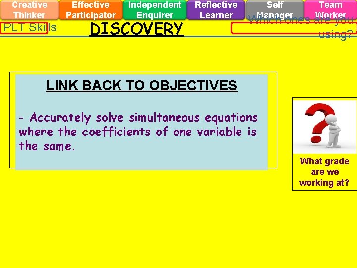 Creative Thinker PLT Skills Effective Participator Independent Enquirer DISCOVERY Reflective Learner Self Manager Team