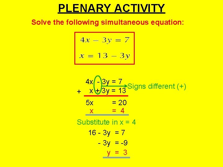 PLENARY ACTIVITY Solve the following simultaneous equation: 4 x - 3 y = 7