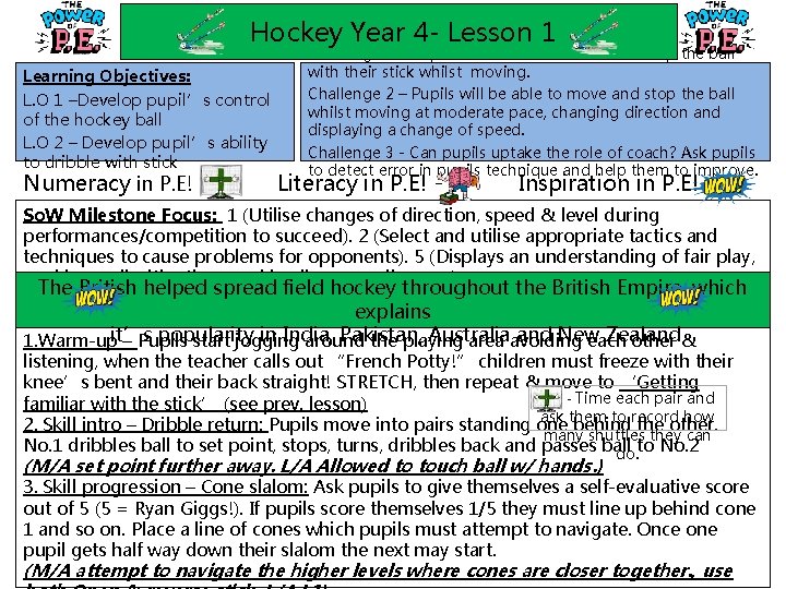 Hockey Year 4 - Lesson 1 Learning Objectives: L. O 1 –Develop pupil’s control