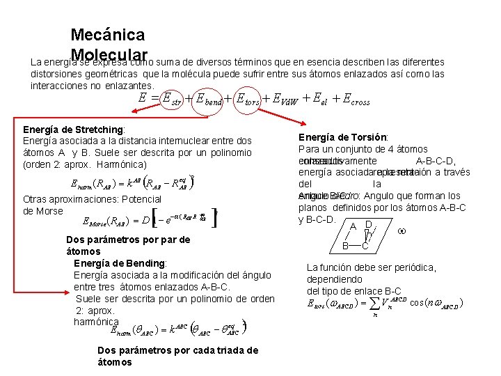 Mecánica Molecular La energía se expresa como suma de diversos términos que en esencia