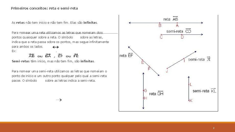 Primeiros conceitos: reta e semi-reta As retas não tem início e não tem fim.