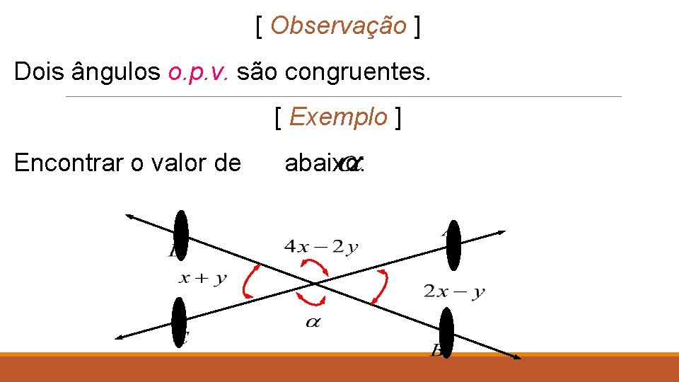 [ Observação ] Dois ângulos o. p. v. são congruentes. [ Exemplo ] Encontrar