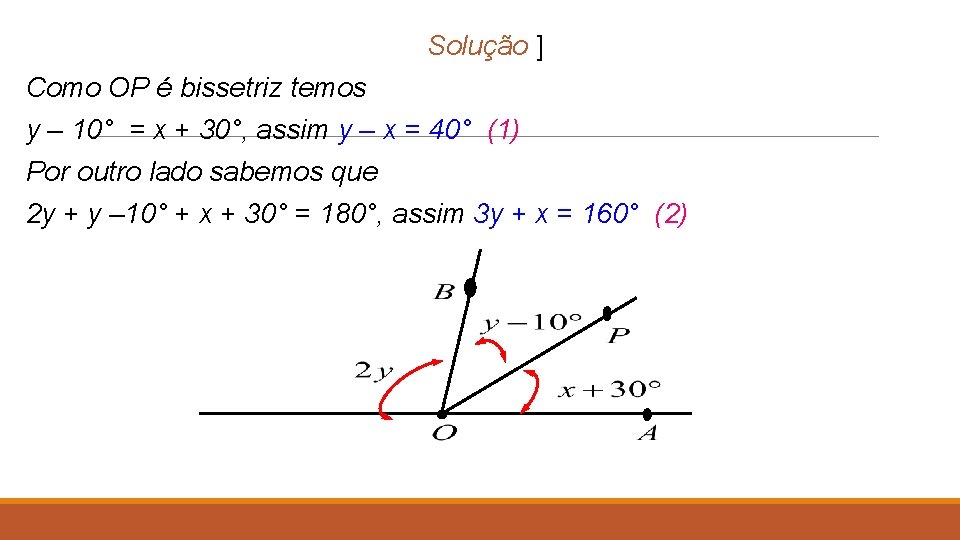 Solução ] Como OP é bissetriz temos y – 10° = x + 30°,