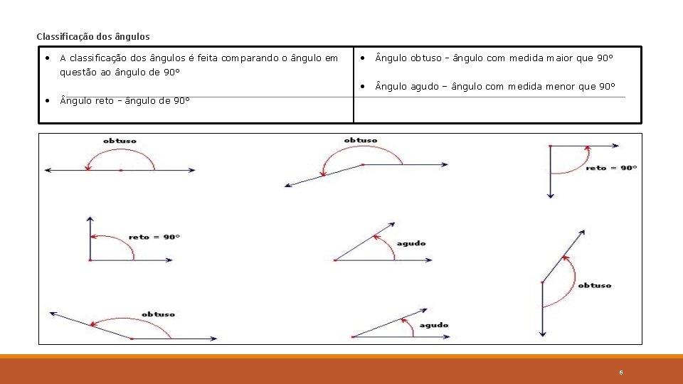 Classificação dos ângulos • A classificação dos ângulos é feita comparando o ângulo em