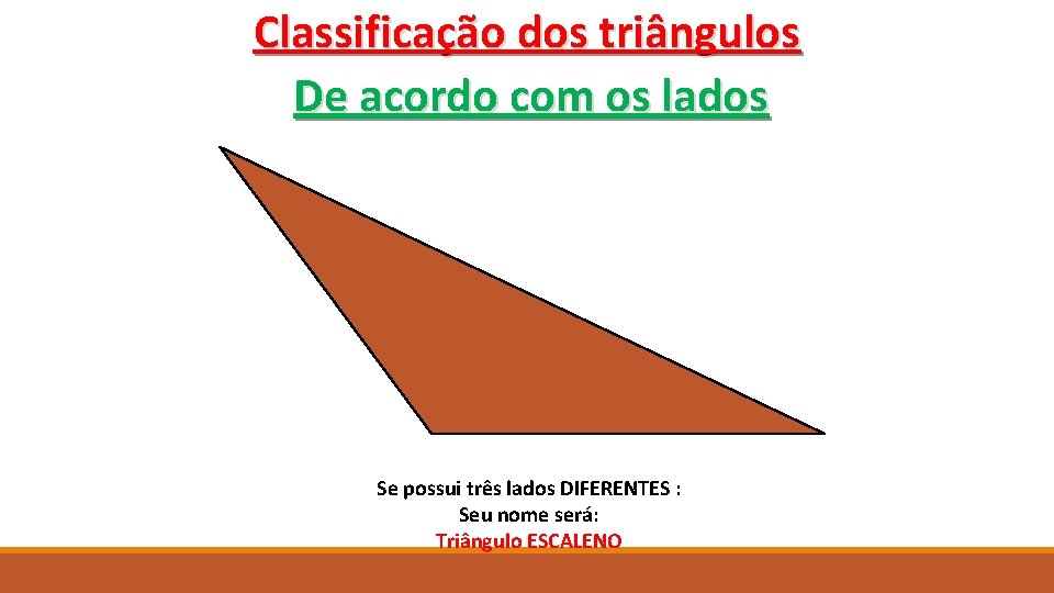 Classificação dos triângulos De acordo com os lados Se possui três lados DIFERENTES :