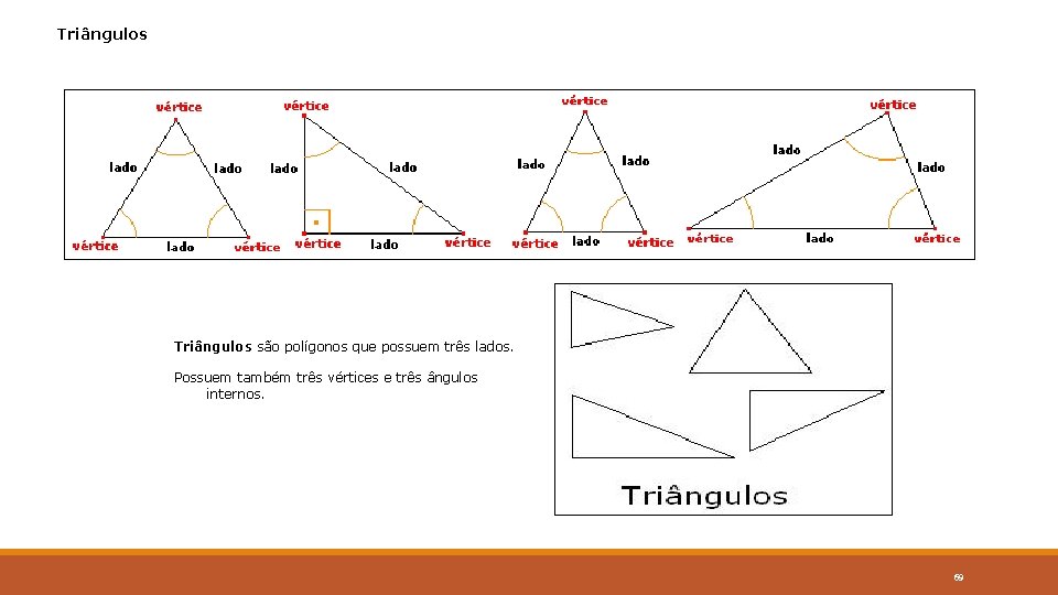 Triângulos são polígonos que possuem três lados. Possuem também três vértices e três ângulos