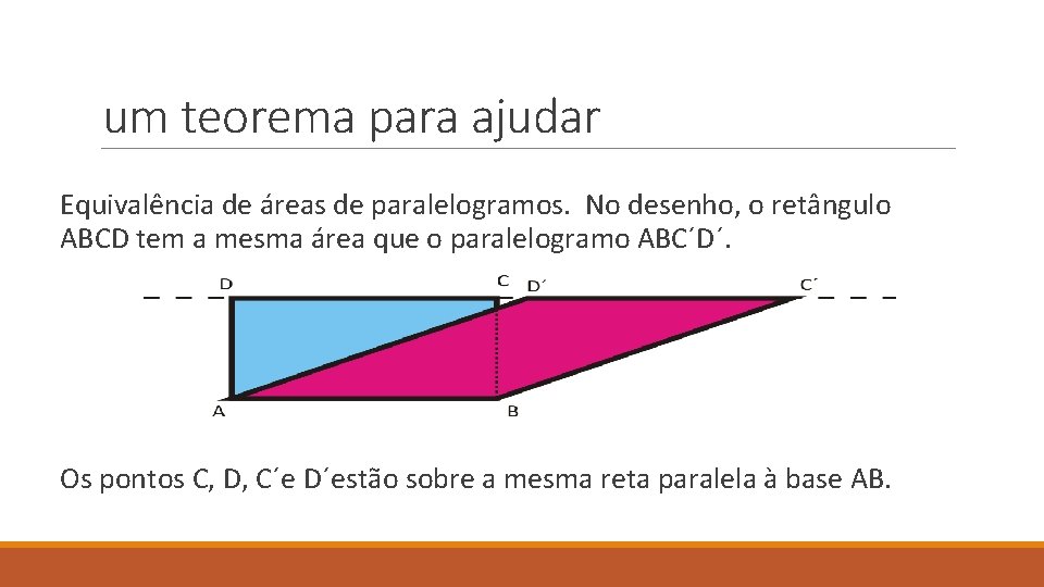 um teorema para ajudar Equivalência de áreas de paralelogramos. No desenho, o retângulo ABCD