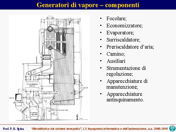 Generatori di vapore – componenti • • Focolare; Economizzatore; Evaporatore; Surriscaldatore; Preriscaldatore d’aria; Camino;