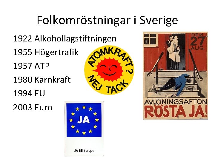 Folkomröstningar i Sverige 1922 Alkohollagstiftningen 1955 Högertrafik 1957 ATP 1980 Kärnkraft 1994 EU 2003