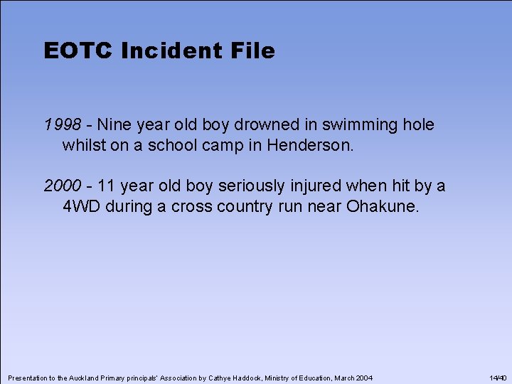 EOTC Incident File 1998 - Nine year old boy drowned in swimming hole whilst