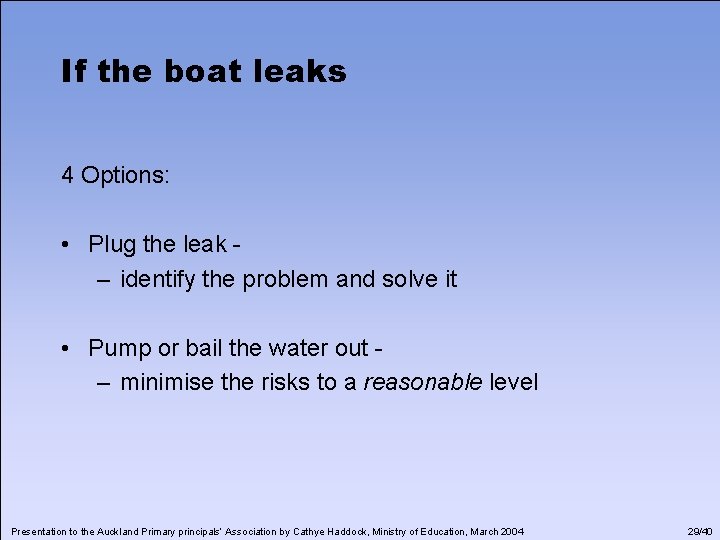 If the boat leaks 4 Options: • Plug the leak – identify the problem